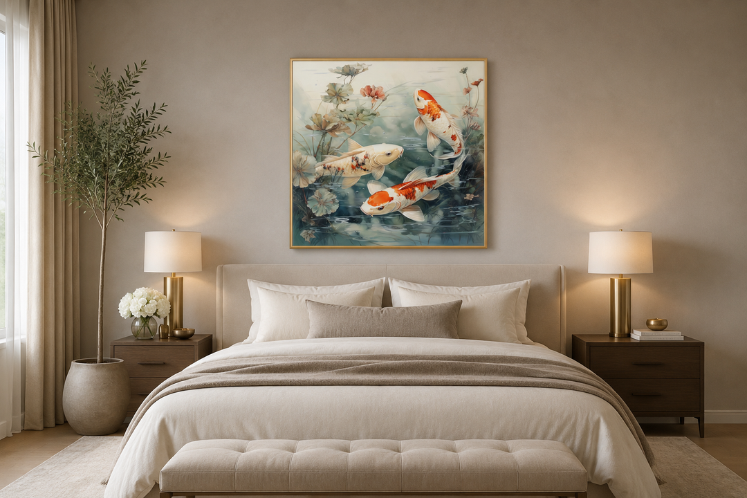 Square framed canvas wall art of koi fish swimming in a sage green pond above a bed.