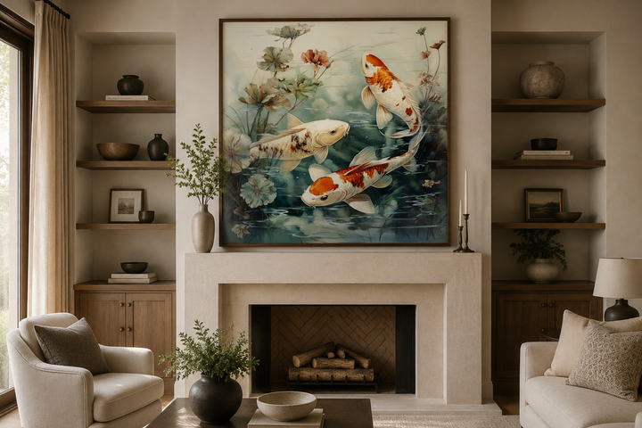Square framed canvas wall art of koi fish swimming in a sage green pond above a fireplace.