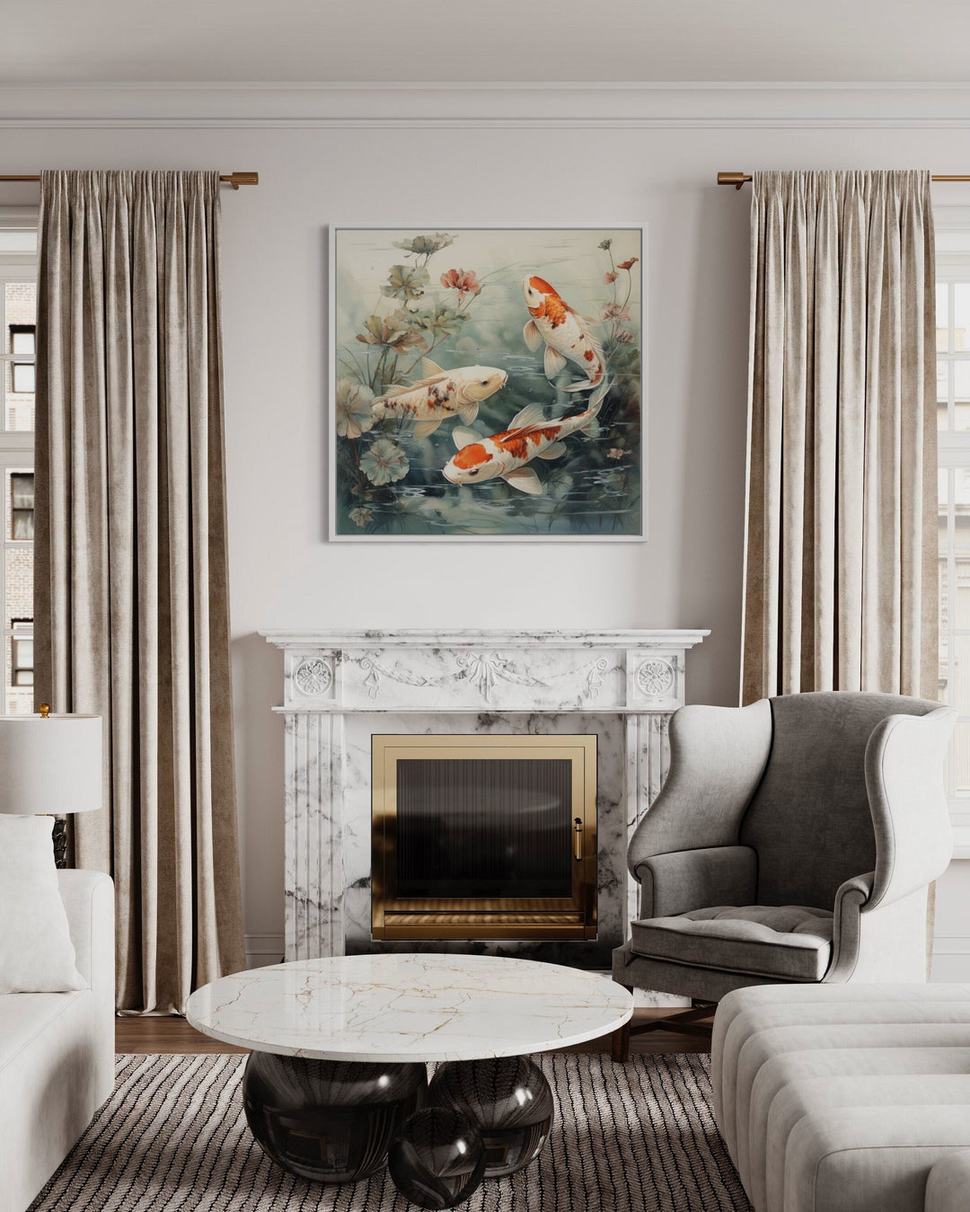 Koi fish in sage green pond square framed canvas wall art hanging above a marble fireplace.