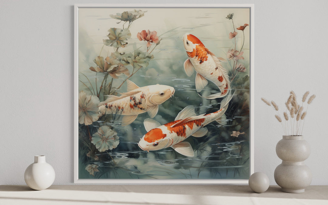 Square framed canvas art of three koi fish swimming in a sage green pond with lotus leaves.