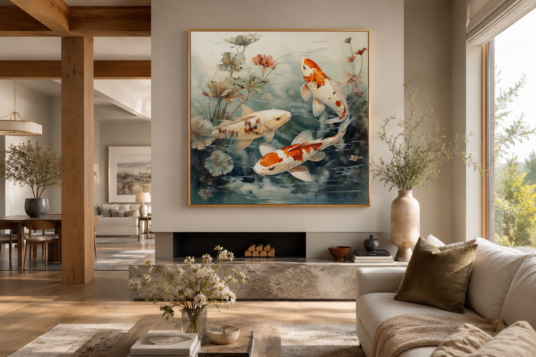 Square framed canvas wall art of koi fish swimming in a sage green pond above a modern fireplace.