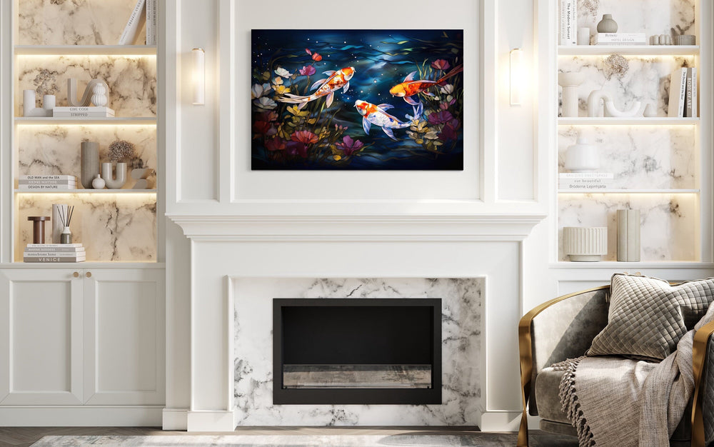 Koi Fish In Stained Glass Style Framed Canvas Wall Art