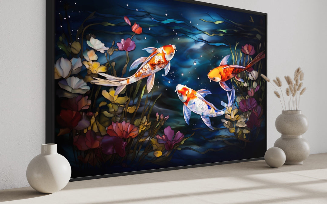 Koi Fish In Stained Glass Style Framed Canvas Wall Art