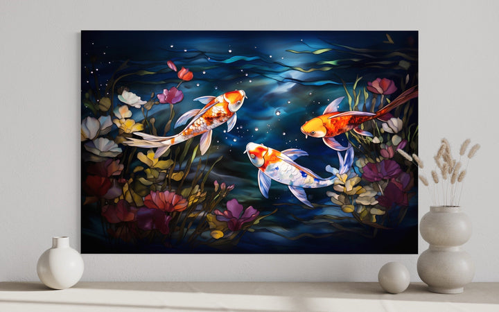 Koi Fish In Stained Glass Style Framed Canvas Wall Art