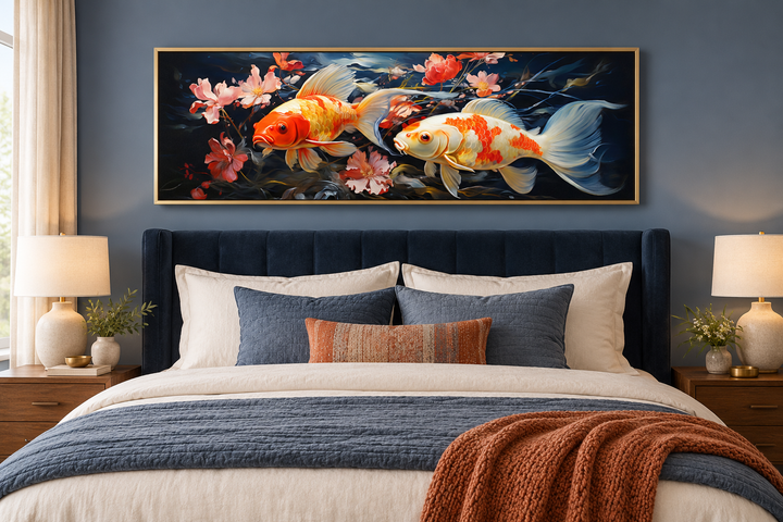 Two koi fish long horizontal framed canvas wall art hanging above a bed in a blue bedroom.