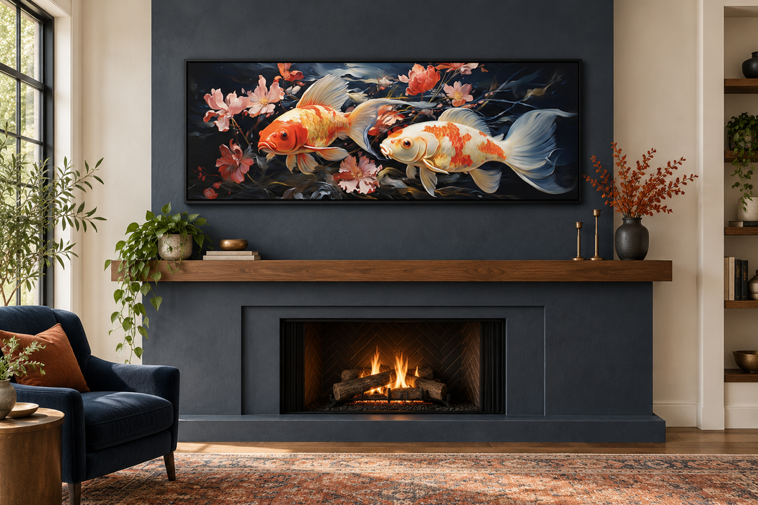Two koi fish long horizontal framed canvas wall art hanging above a dark grey fireplace.