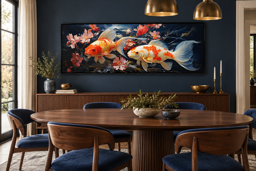 Two koi fish long horizontal framed canvas wall art above a dining room sideboard.