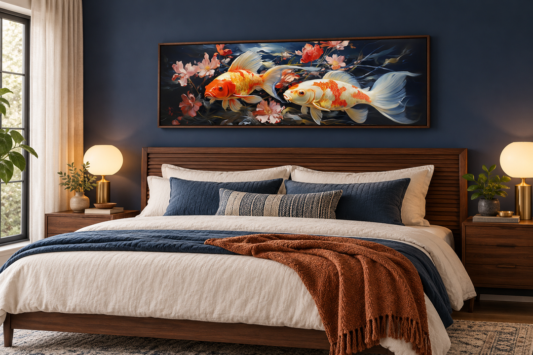 Two koi fish long horizontal framed canvas wall art hanging above a bed in a navy blue bedroom.