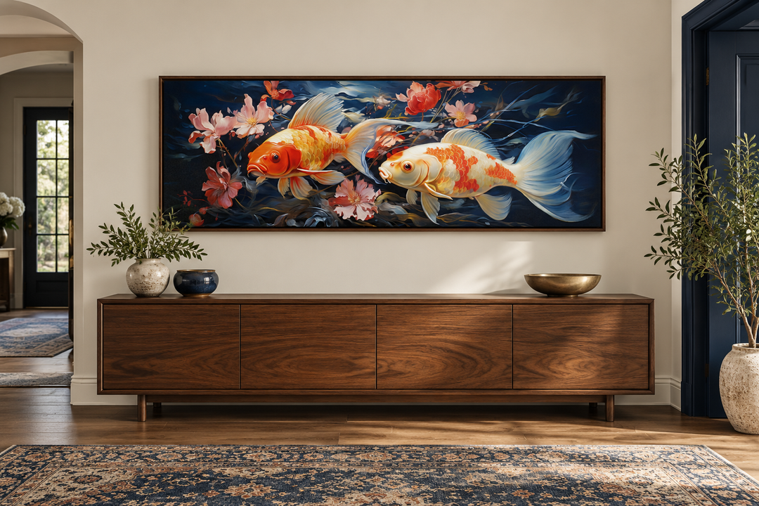 Two koi fish long horizontal framed canvas wall art above a walnut sideboard in a modern room.
