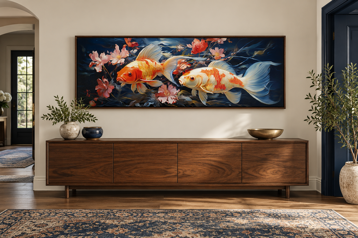 Two koi fish long horizontal framed canvas wall art above a walnut sideboard in a modern room.