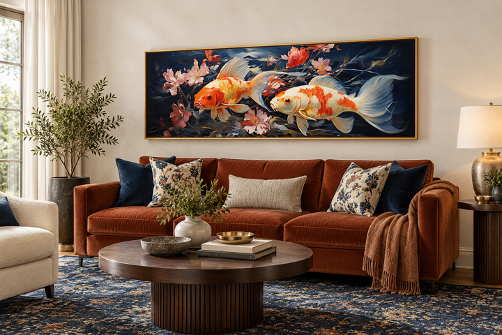 Two Koi Fish long horizontal framed canvas wall art hanging above a rust-colored velvet sofa.
