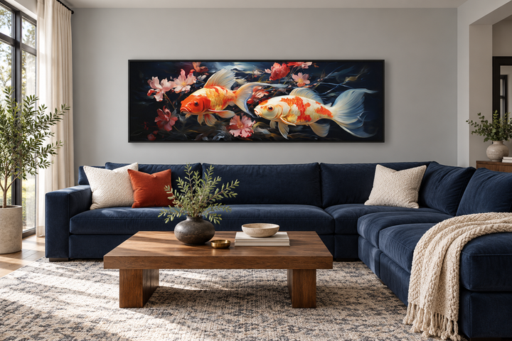 Two koi fish long horizontal framed canvas wall art hanging above a blue sectional sofa.
