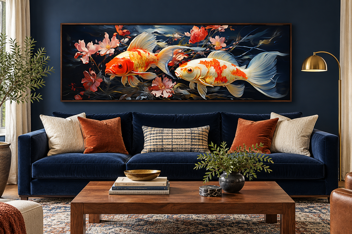 Two koi fish long horizontal framed canvas wall art above a navy blue sofa in a living room.