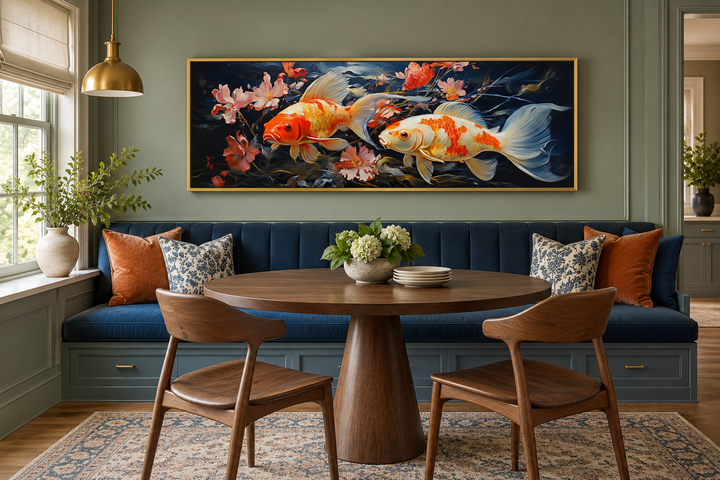 Two koi fish long horizontal framed canvas wall art above a dining nook with blue seating.