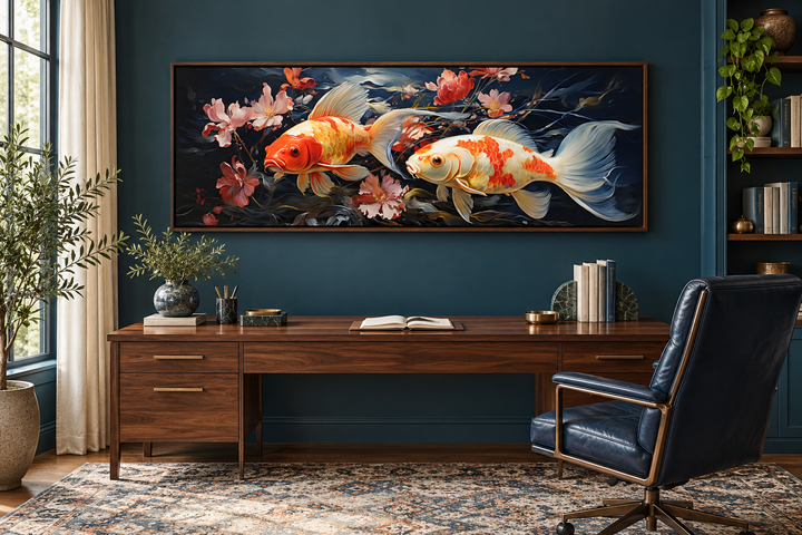 Two koi fish long horizontal framed canvas wall art above a walnut desk in a home office.
