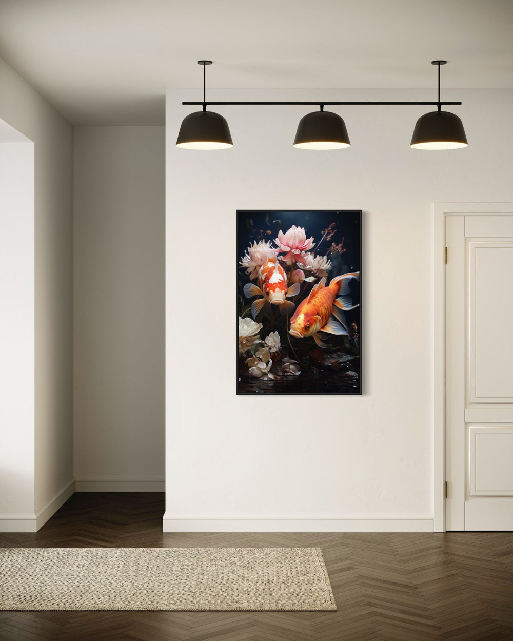 Koi Fish With Flowers Feng Shui Framed Canvas Wall Art