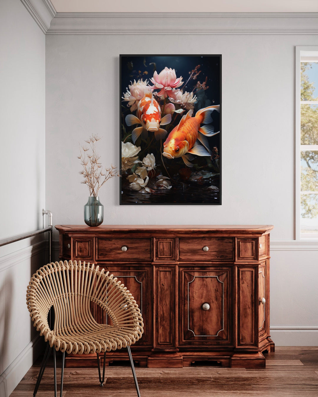 Koi Fish With Flowers Feng Shui Framed Canvas Wall Art