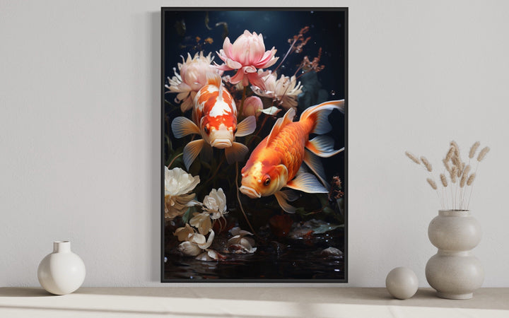 Koi Fish With Flowers Feng Shui Framed Canvas Wall Art