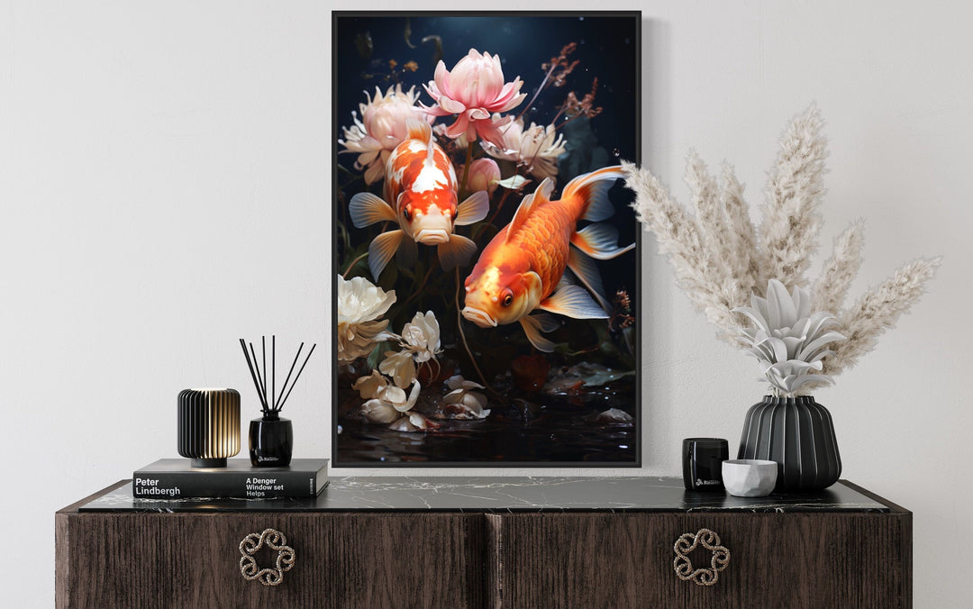 Koi Fish With Flowers Feng Shui Framed Canvas Wall Art