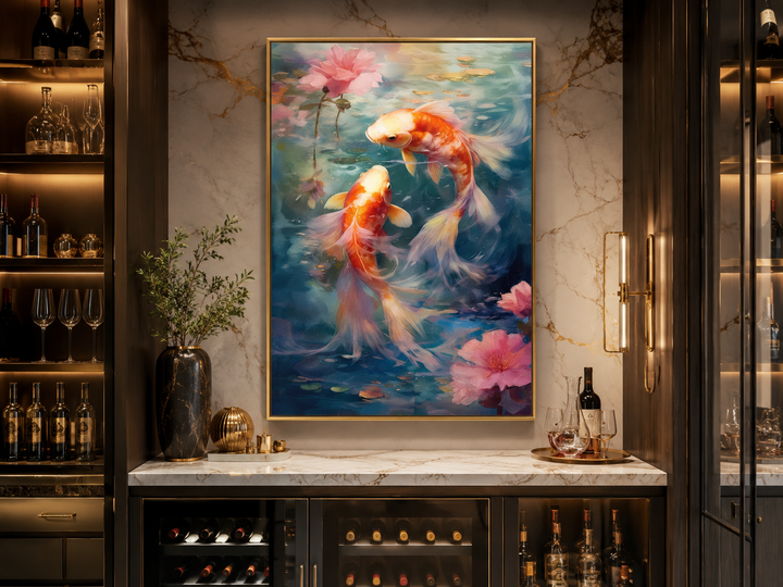 Framed vertical canvas art of two orange koi fish swimming in a blue pond with pink flowers.