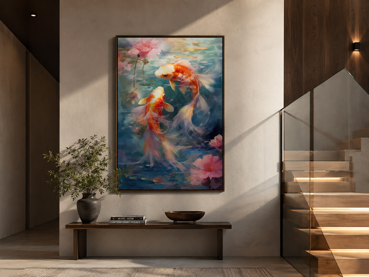 Koi Fish Zen Japanese Framed Canvas Wall Art featuring vibrant orange koi in a blue water garden.