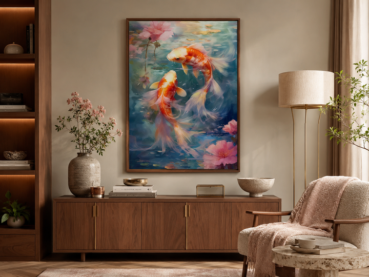 Koi Fish Zen Japanese Framed Canvas Wall Art featuring two orange koi in a blue aquatic scene.