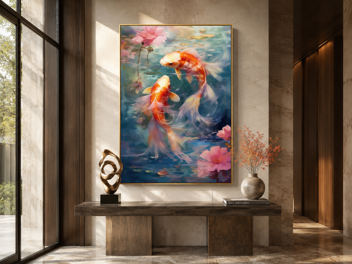 Framed vertical canvas art of two orange koi fish swimming in blue water with pink lotus flowers.