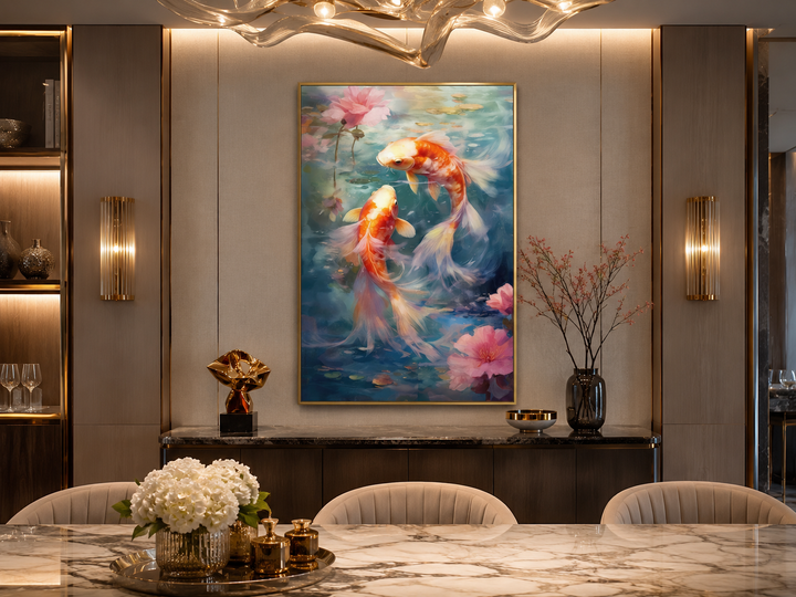 Framed canvas wall art of two vibrant koi fish swimming in a serene Japanese Zen water garden.