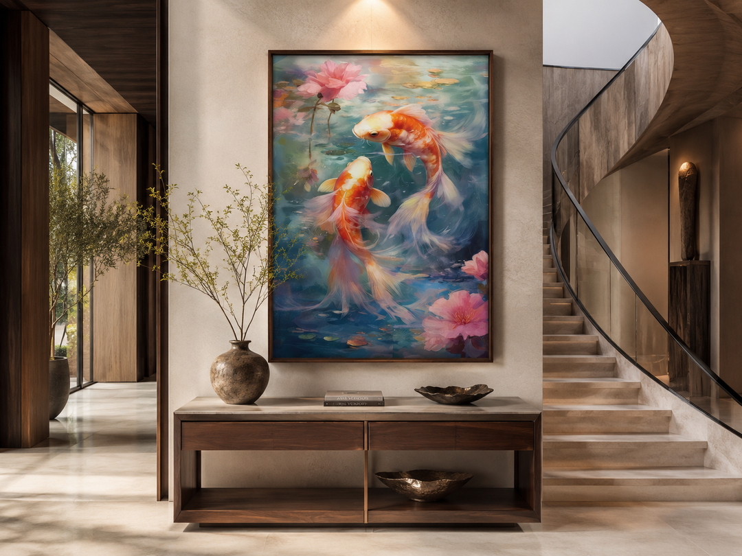 Framed vertical canvas art of two orange koi fish swimming in blue water with pink lotus flowers.
