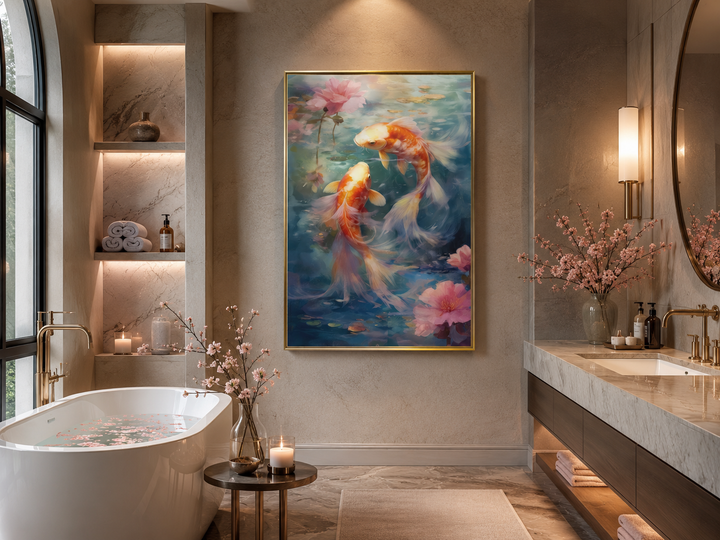 Framed vertical canvas art of two orange koi fish swimming in a blue pond with pink lotus flowers.