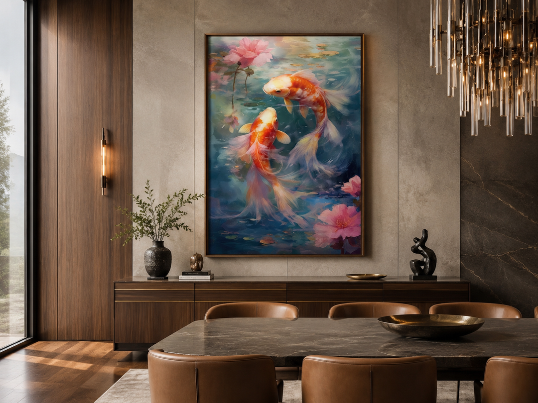 Framed canvas wall art featuring two vibrant orange koi fish swimming in a blue Zen water garden.