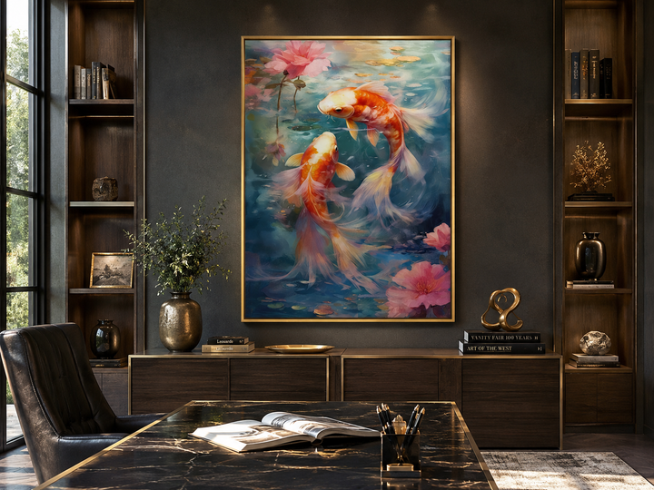 Koi Fish Zen Japanese Framed Canvas Wall Art featuring two orange koi in a serene water garden.