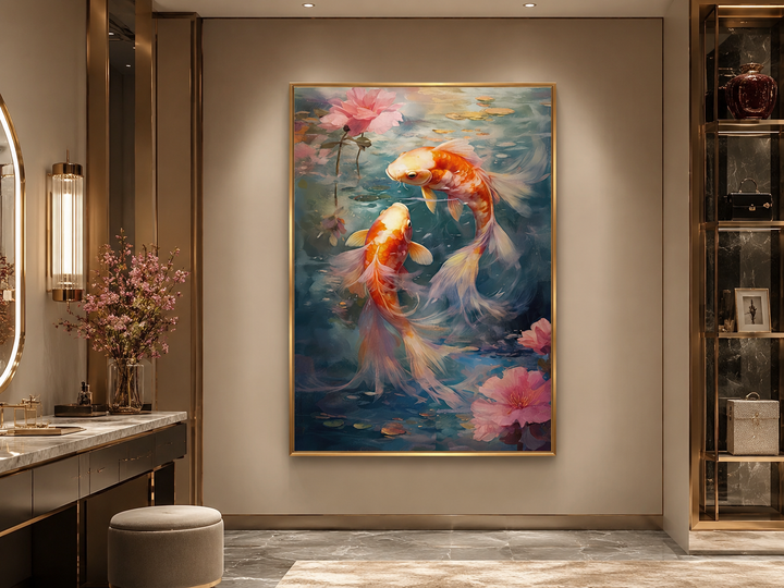 Vertical framed canvas wall art featuring two vibrant koi fish swimming among pink lotus flowers.