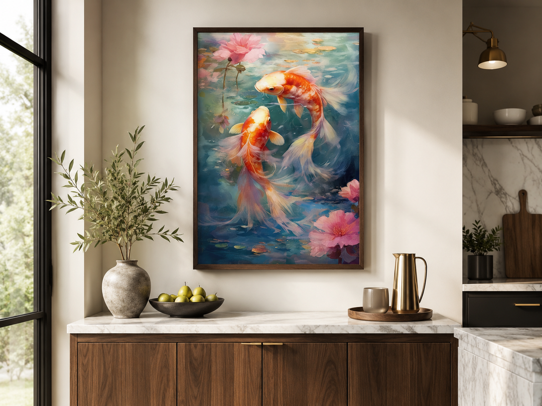 Koi Fish Zen Japanese Framed Canvas Wall Art featuring two vibrant koi in a serene water garden.