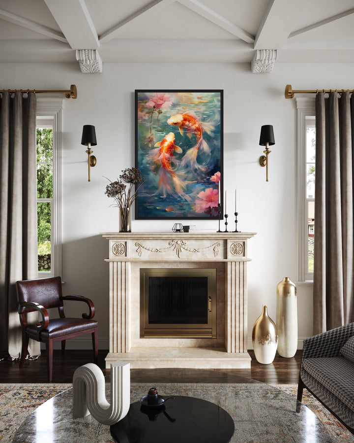 Koi fish zen Japanese framed canvas wall art hanging above a classic fireplace in a living room.