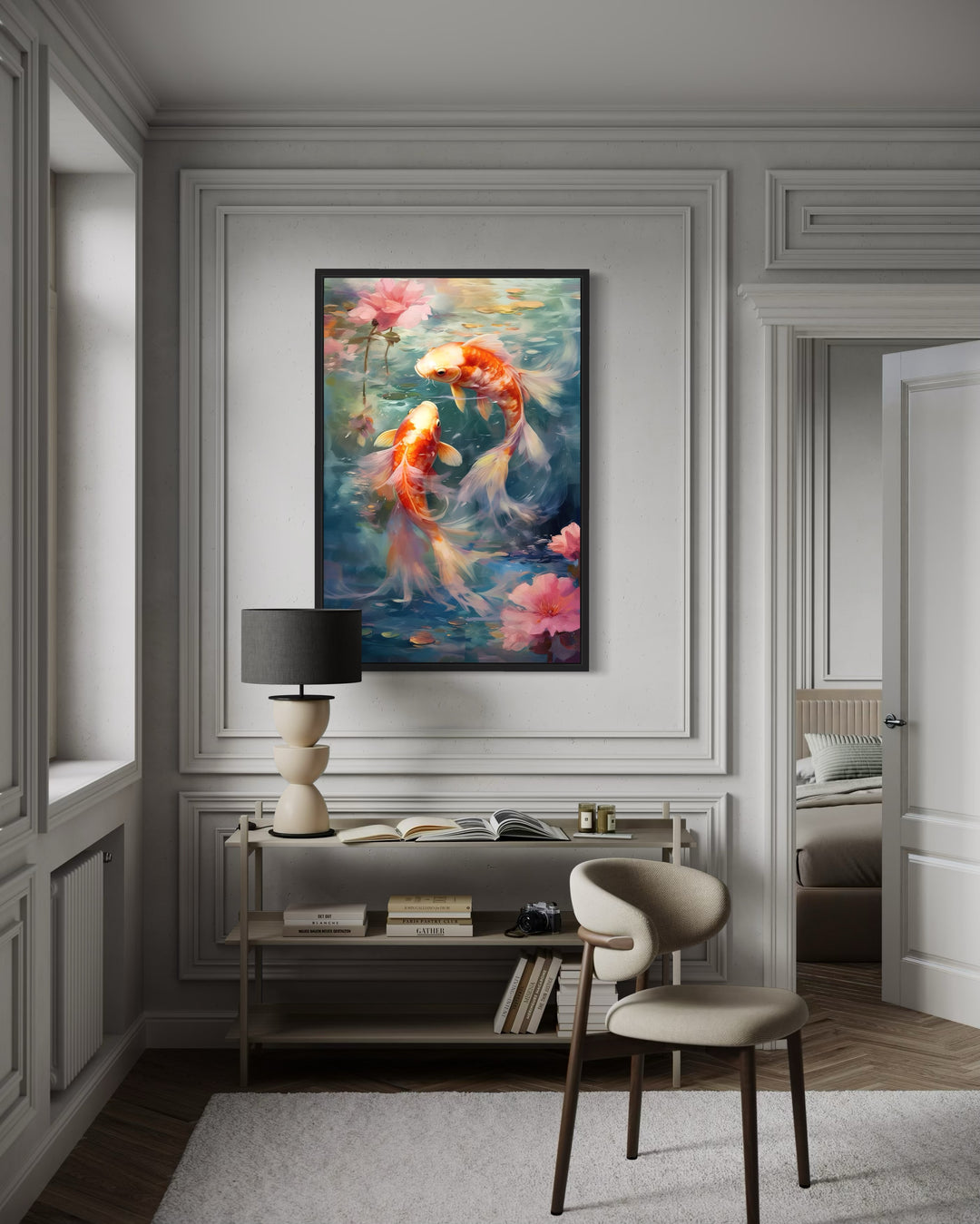 Koi Fish Zen Japanese Framed Canvas Wall Art hanging above a console table in a modern room.