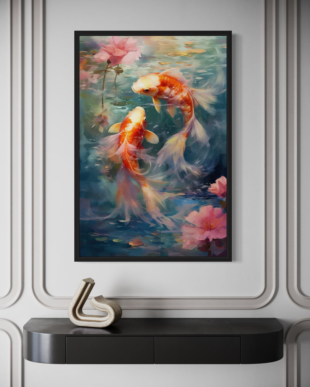 Koi Fish Zen Japanese Framed Canvas Wall Art featuring orange koi and pink flowers on a white wall.
