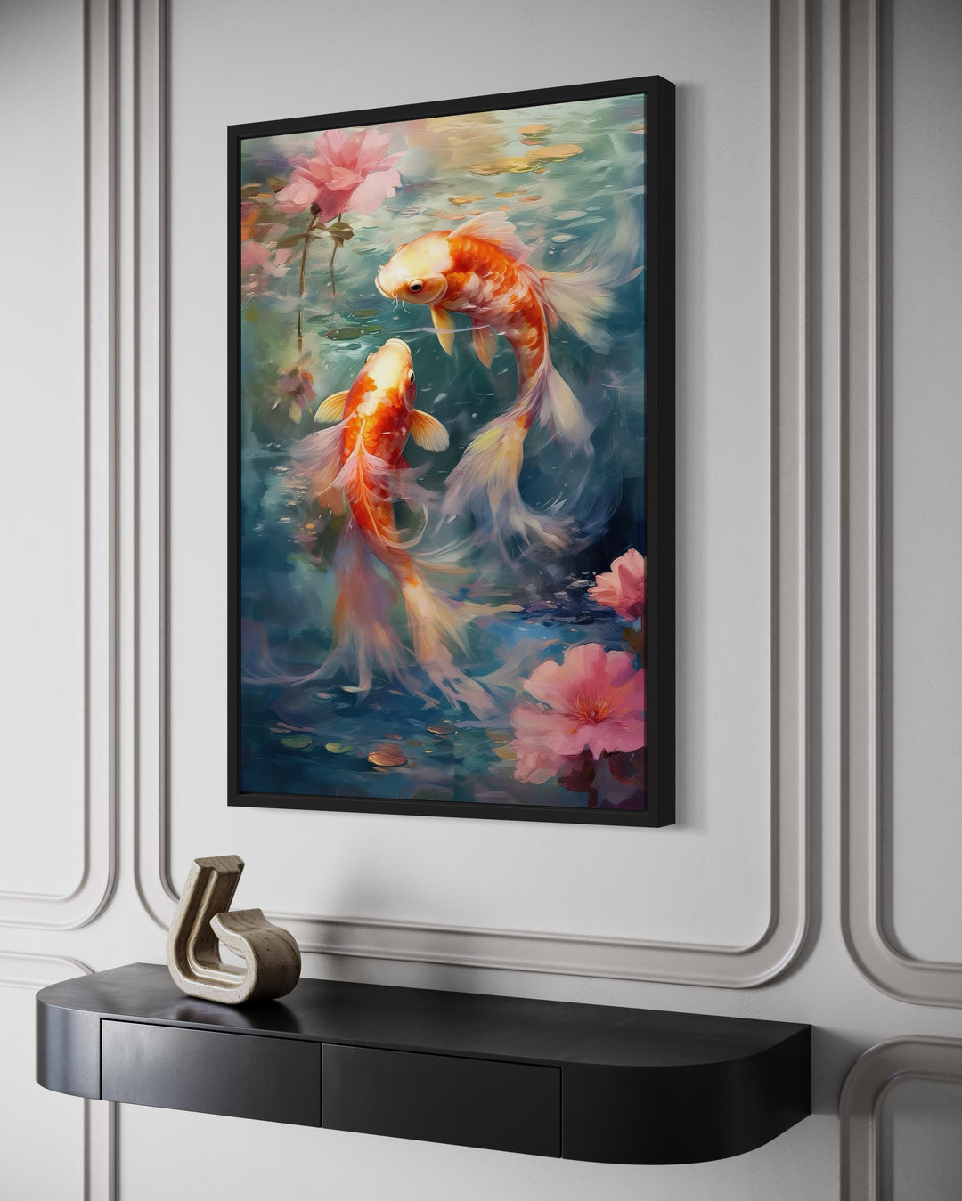 Framed canvas wall art of two orange koi fish swimming among pink flowers in a blue pond.