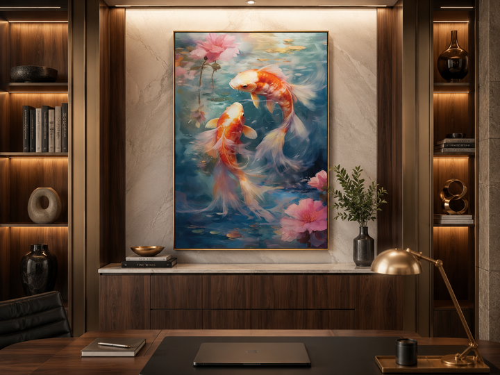Framed vertical canvas wall art featuring two orange koi fish swimming among pink lotus flowers.
