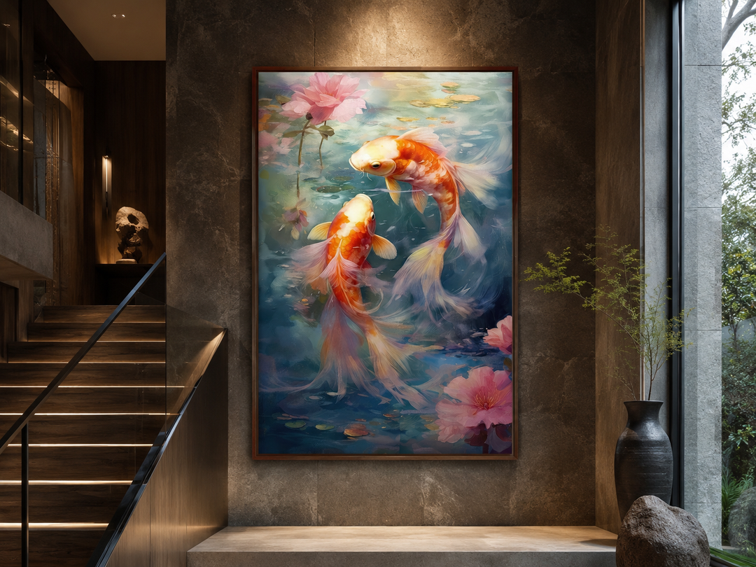 Koi Fish Zen Japanese Framed Canvas Wall Art hanging on a stone wall above a modern staircase.