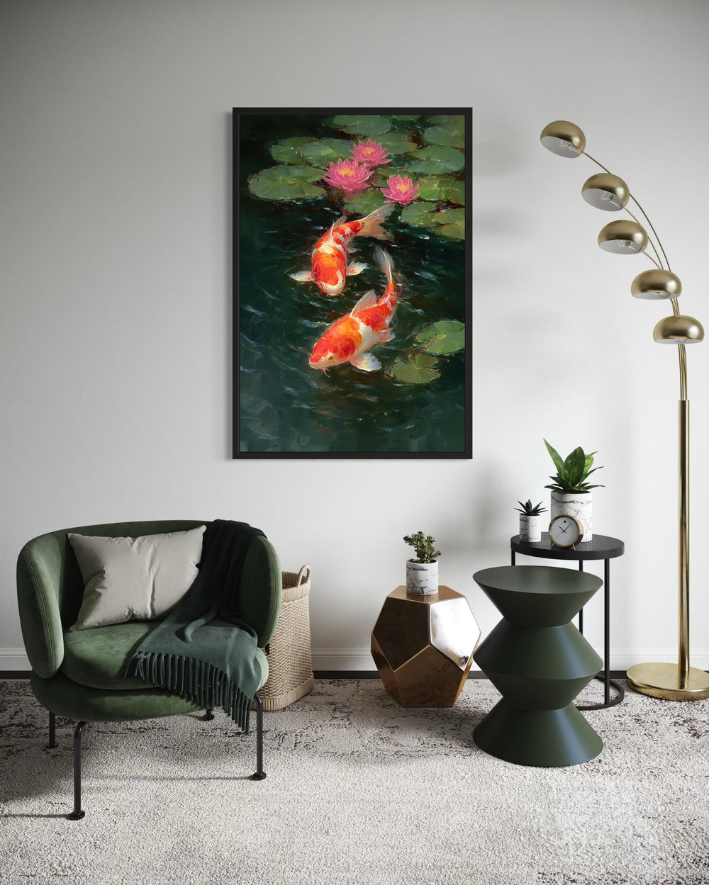 Koi Fish and Water Lilies Vertical Canvas Wall Art