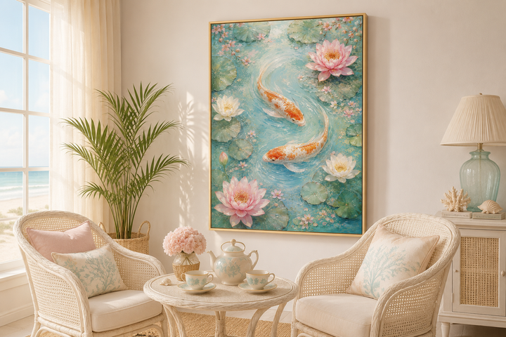 Vertical canvas wall art of koi fish and pink water lilies in a serene pond, framed in gold.