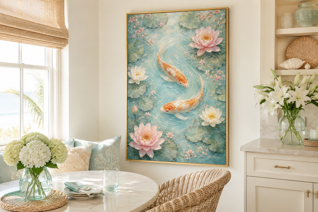 Vertical canvas wall art of orange koi fish and pink water lilies in a serene teal pond.