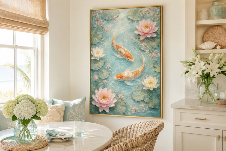 Vertical canvas wall art of orange koi fish and pink water lilies in a serene teal pond.