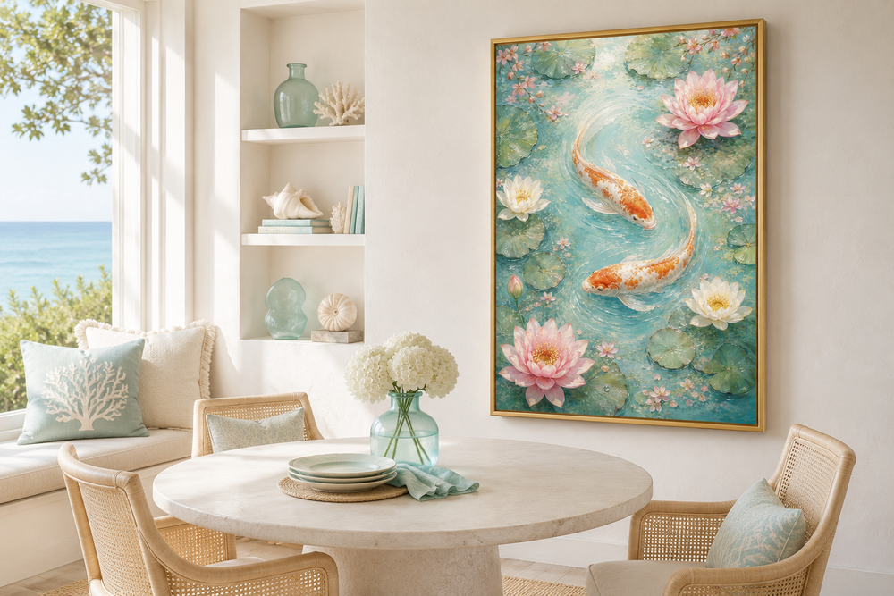 Vertical canvas wall art of koi fish and water lilies in a serene pond, framed in gold on a wall.