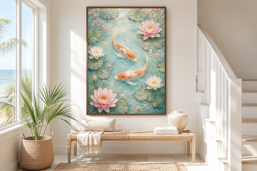 Vertical canvas wall art of orange koi fish and pink water lilies in a serene teal pond.