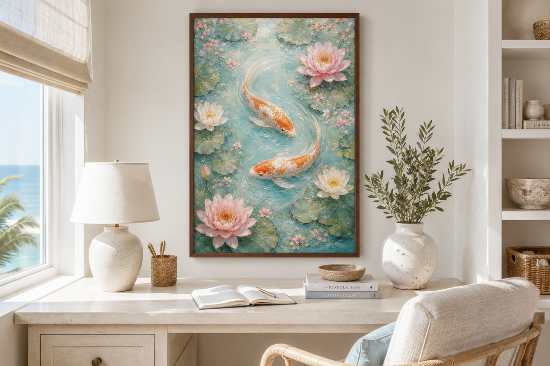 Vertical canvas wall art of orange koi fish and pink water lilies in a serene teal pond.