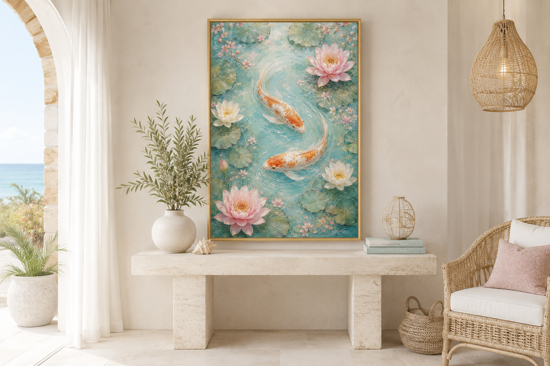 Vertical canvas wall art of koi fish and pink water lilies in a serene pond for zen room decor.