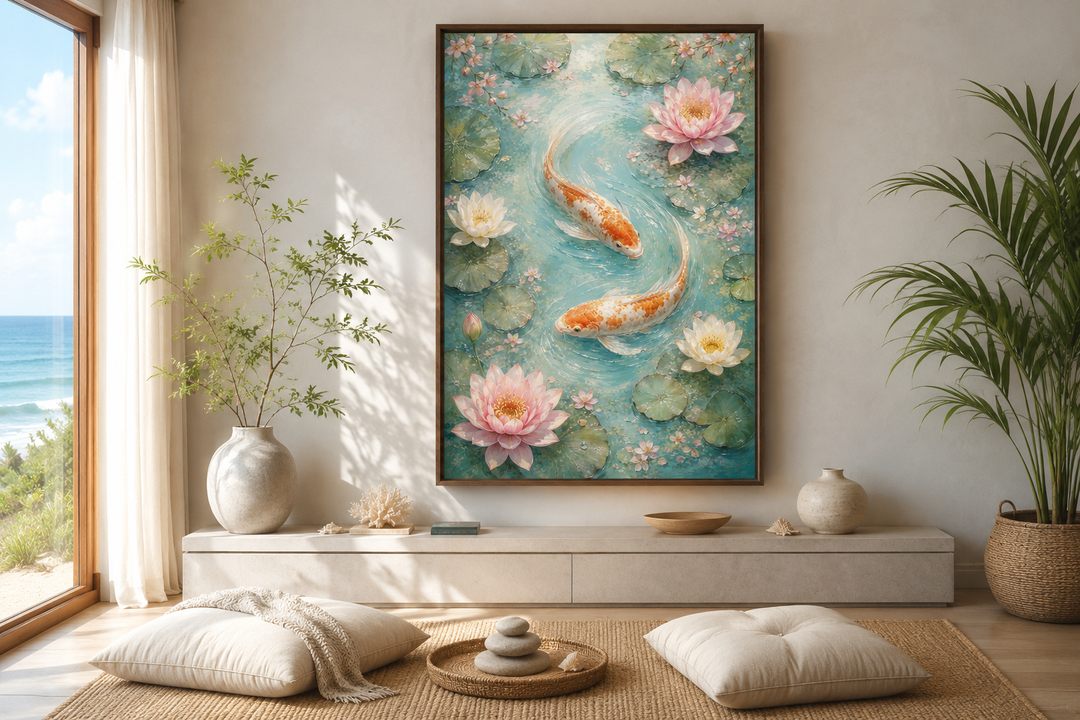 Vertical canvas wall art of orange koi fish and pink water lilies in a serene zen-style room.
