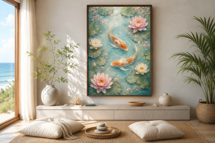 Vertical canvas wall art of orange koi fish and pink water lilies in a serene zen-style room.